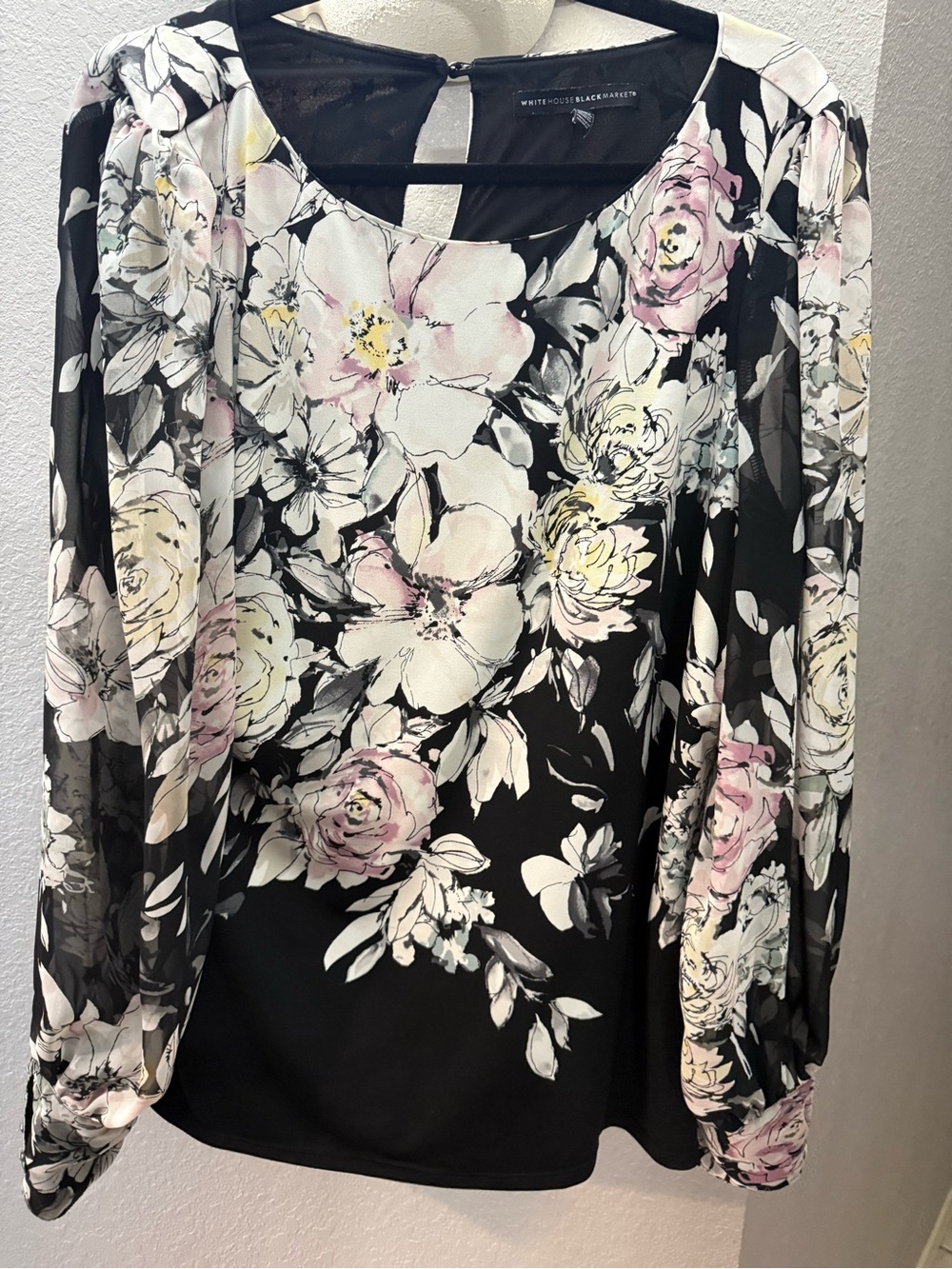 White House Black Market Black Floral Long-Sleeve Blouse